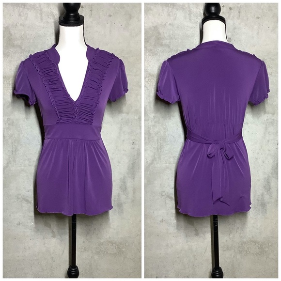 🌸 PURPLE SHIRT TOP RUFFLE V NECK PETITE TEEN SMALL DARLING RIBBON FORVER 21 - Picture 6 of 6